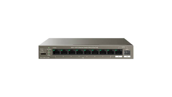 Switch 8 porturi Gigabit PoE, 1 port Uplink Gigabit, 1 port SFP Uplink Gigabit - Tenda TND-TEG1110PF-8-102W