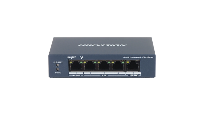 Switch 3 porturi PoE 1G, 1 port Hi-PoE 1G, 1 port RJ45 1G – Hikvision DS-3E0505HP-E