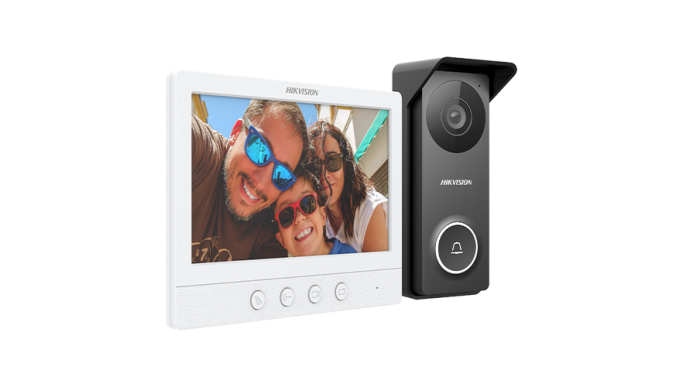 Kit videointerfon analogic, ecran 7', conectare 4 fire pentru 1 familie, IR, IK08 - Hikvision DS-KIS213