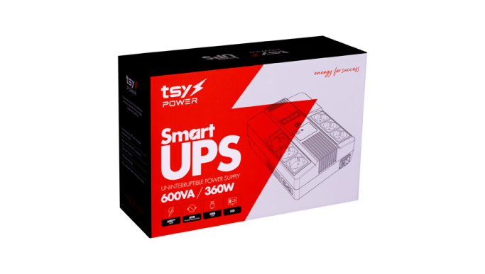 UPS TSY Power, 600VA/360W, LED, AVR, Repornire automată, Management, 6 x Schuko, 2 x RJ45, 1 x USB type B - TSY-D-0K6-LED